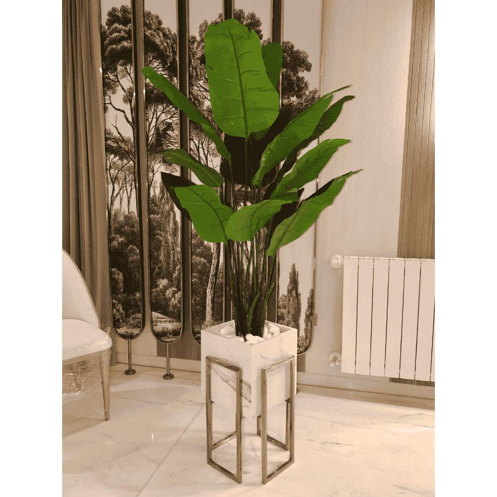 Marble-Effect Wooden Planter with Golden Stand - Image 2